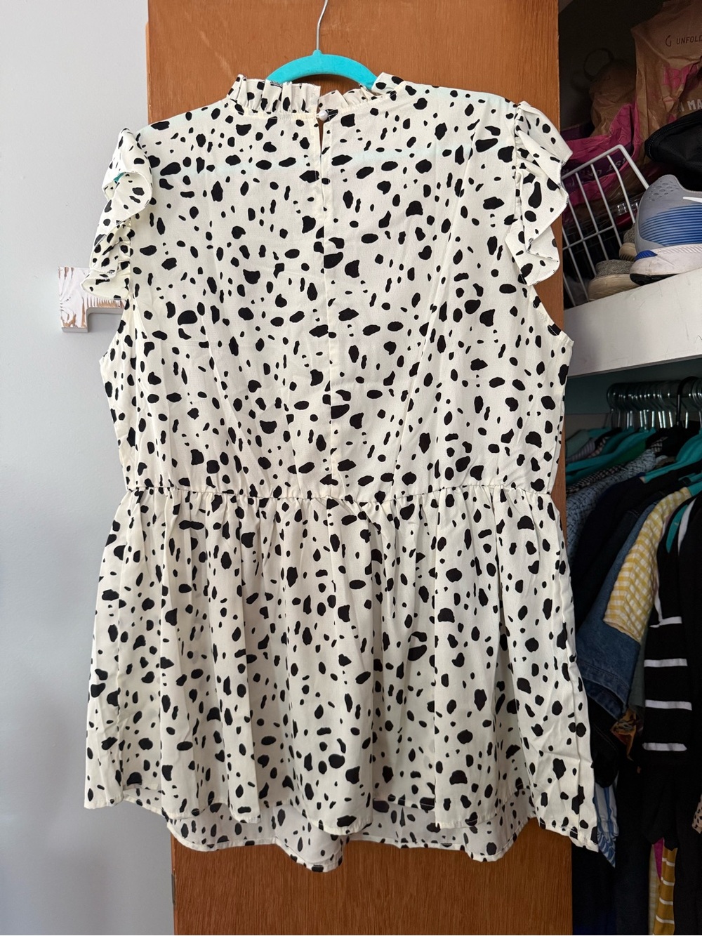 SHEIN Cream and Black Dalmatian Print Ruffle Peplum Top